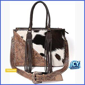 Genuine Cowhide Leather Handbag with Adjustable Strap and Fringe
